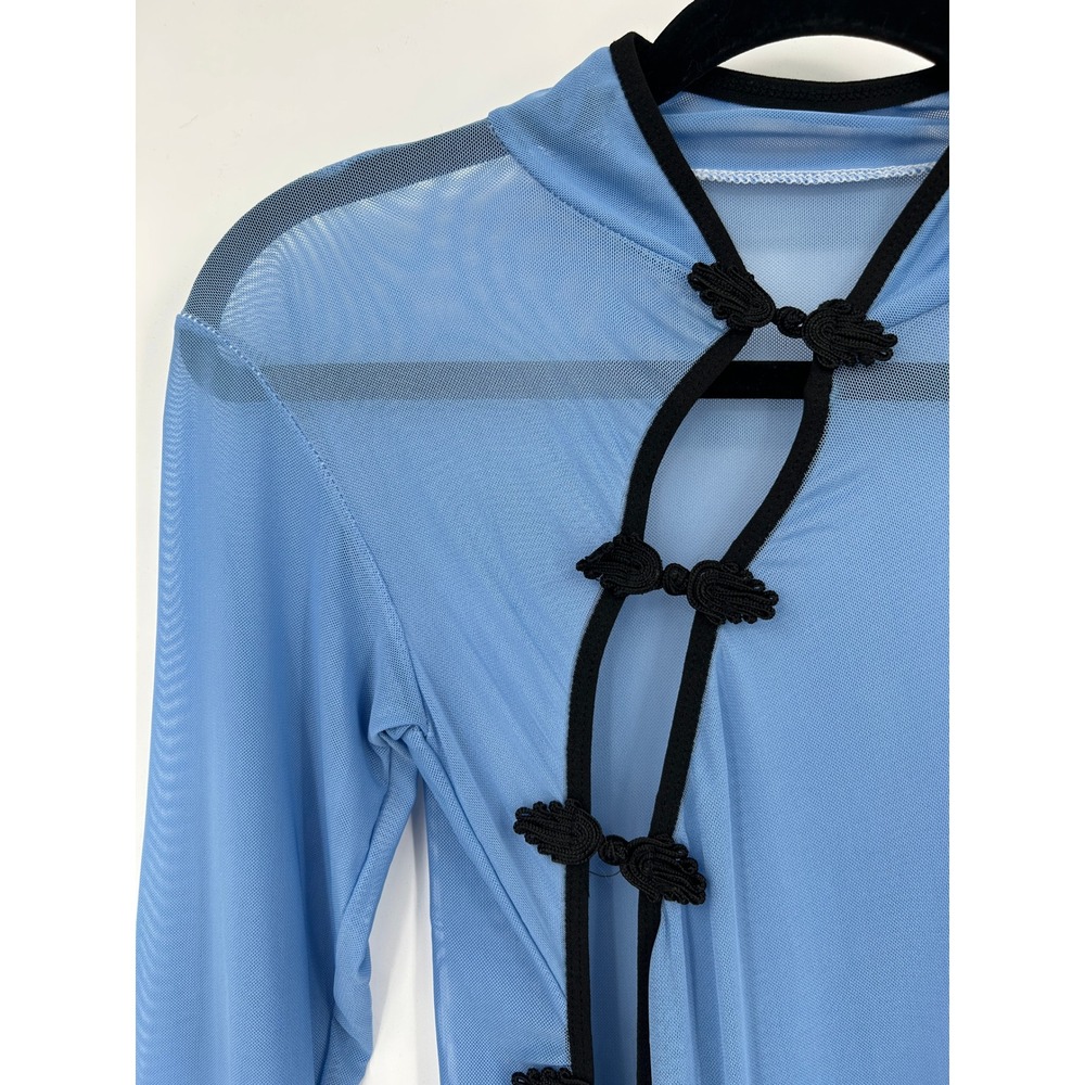 Blue Sheer Mesh Frog Knot Asymmetric Midi Dress Womens Small - Picture 2 of 12